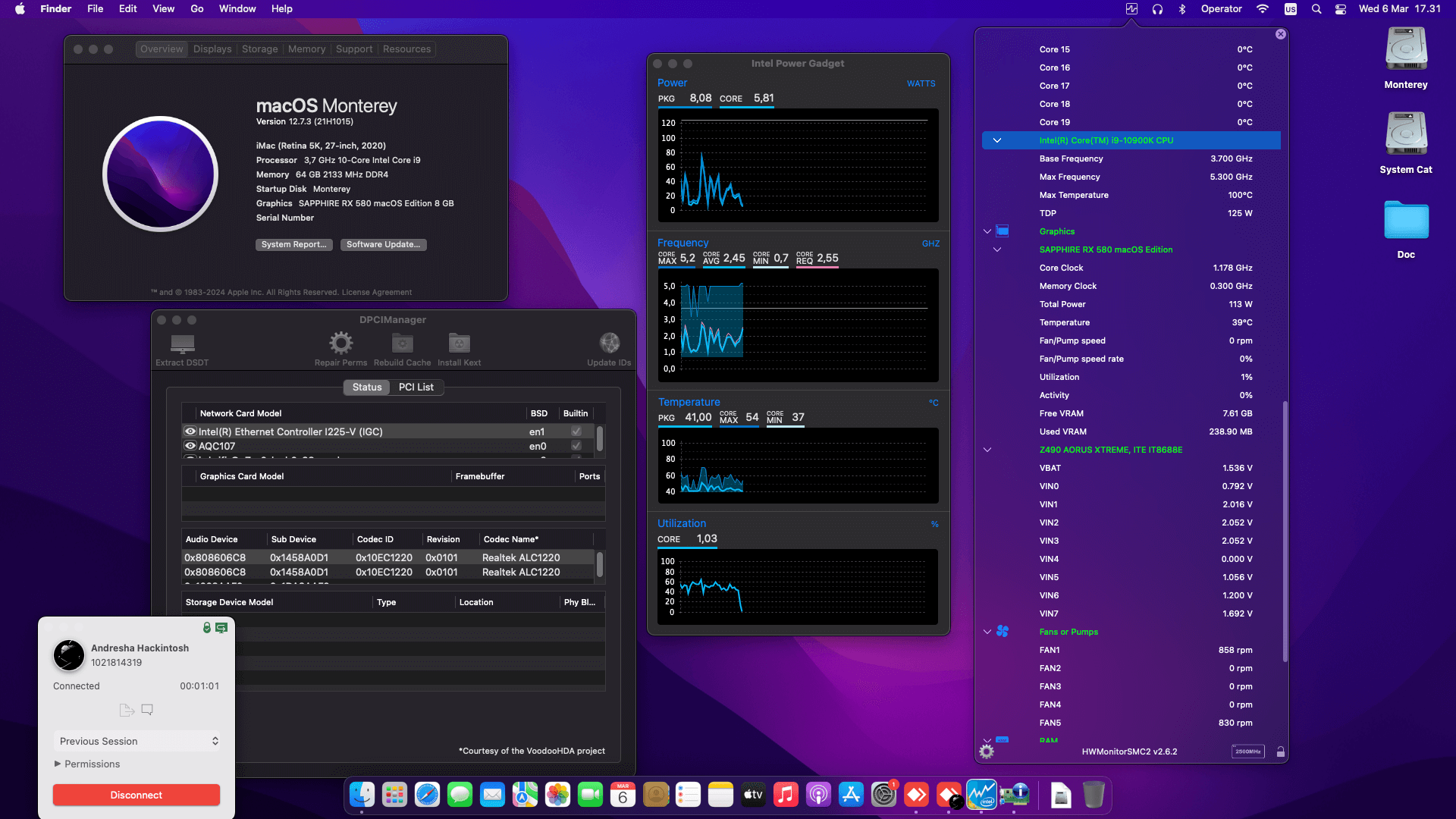 Success Hackintosh macOS Monterey 12.7.3 Build 21H1015 in Gigabyte Z490 Aorus Xtreme + Intel Core i9 10900K + Sapphire RX 580